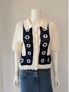 Rails Cream and Navy Crochet Accent Short-Sleeve Sweater Cardigan